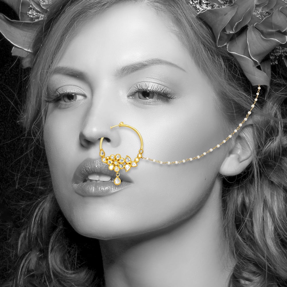 Polki Floral Nath with Gold Setting and Pearl String Support
